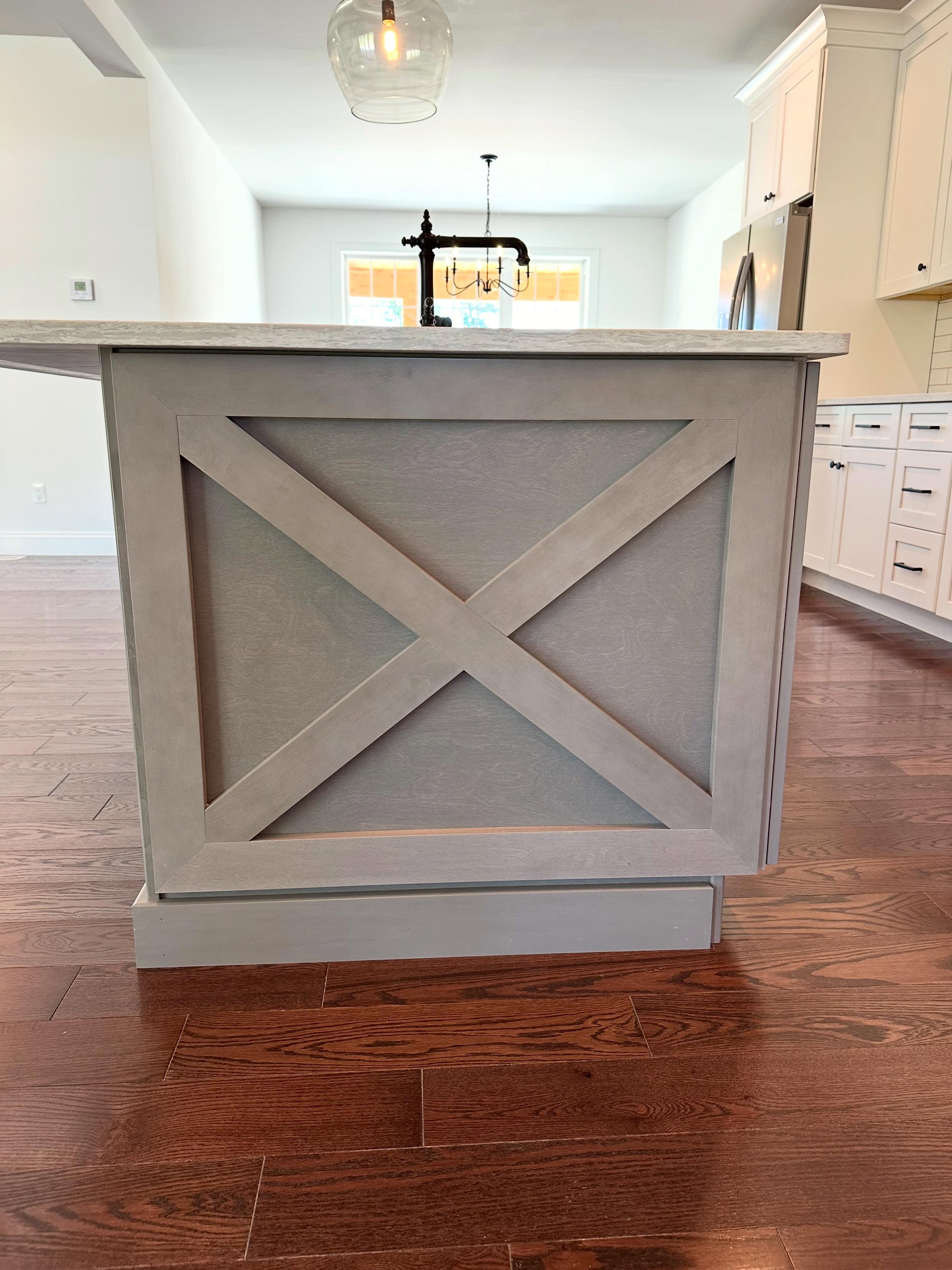 Barn-style X end cap on kitchen island